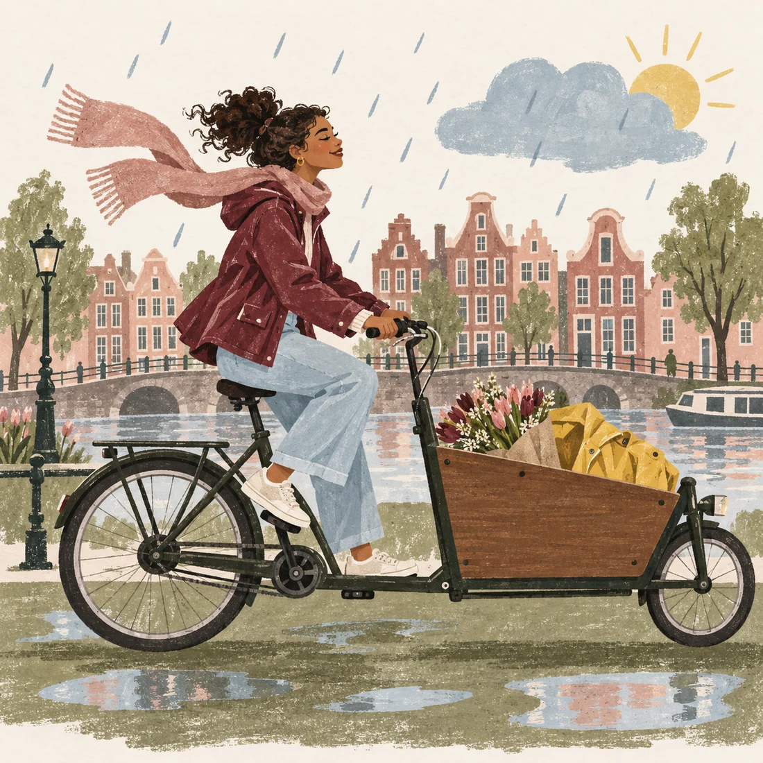 Geïllustreerde ansichtkaart van het dagelijks leven als au pair in Nederland.
